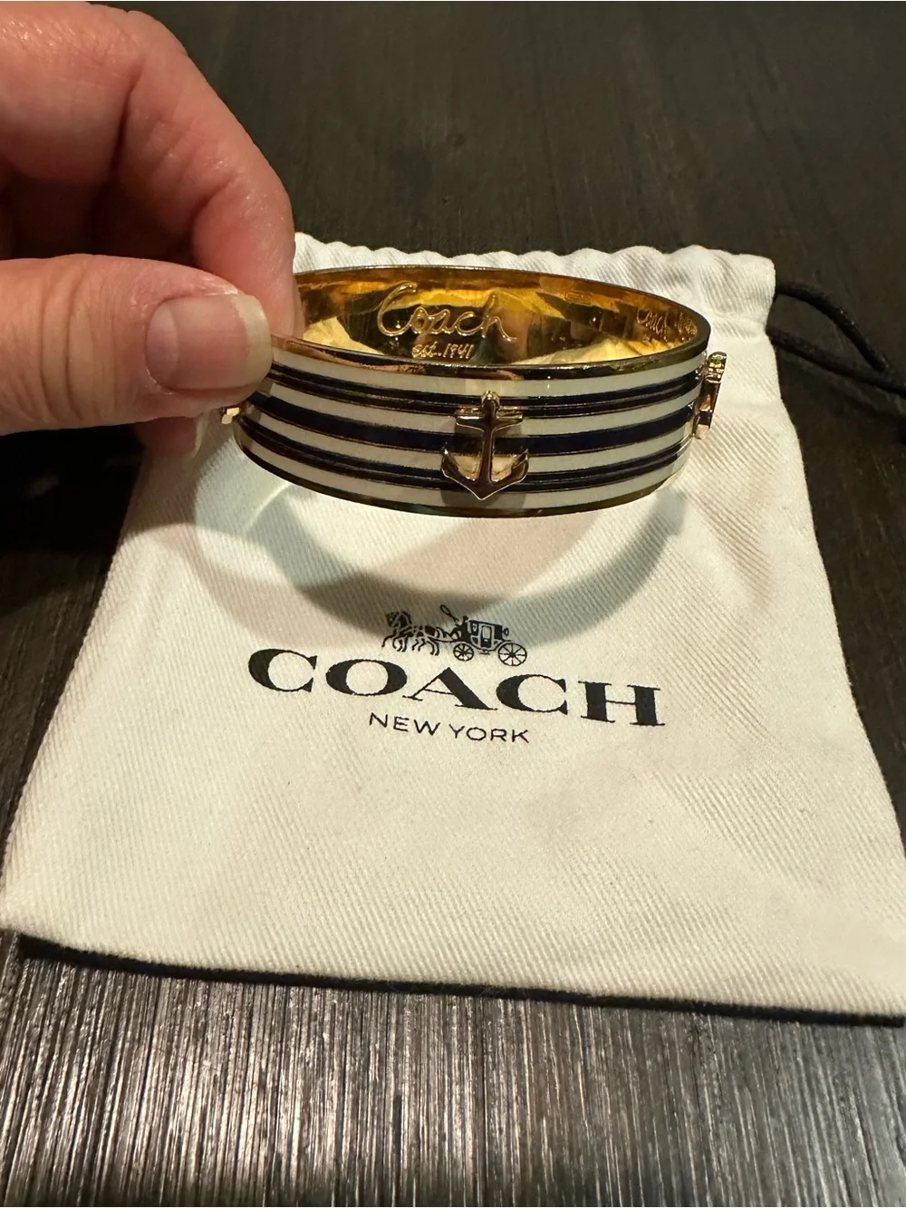 Coach Gold and Navy Anchor Stripe Bangle Bracelet
